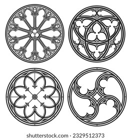 Set of vector silhouettes of cathedral round gothic windows. Forging or stained glass.
