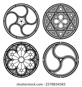 Set of vector silhouettes of cathedral round gothic windows. Forging or stained glass.