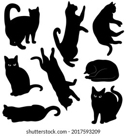 Set of vector silhouettes of cats in different poses. Collection of icon of cats isolated on white background.