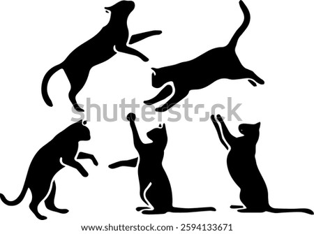 set of vector silhouettes of cats in various poses