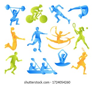 a set of vector silhouettes of characters involved in sports: tennis, football, rhythmic gymnastics, synchronized swimming, weightlifting, running, Cycling, diving, rowing, kayaking. Competition.