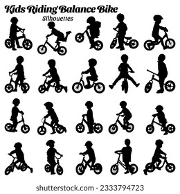 Conjunto de siluetas vectoriales de niños jugando a las bicicletas.