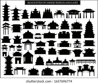 Set of vector silhouettes of Chinese temples, gates and traditional buildings.