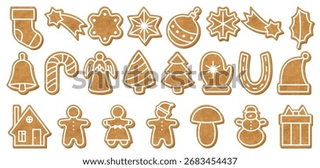 Set of vector silhouettes of Christmas cookies. Gingerbread man, tree, star, snowman, holiday biscuit shapes, festive baking cutters, Xmas decorations