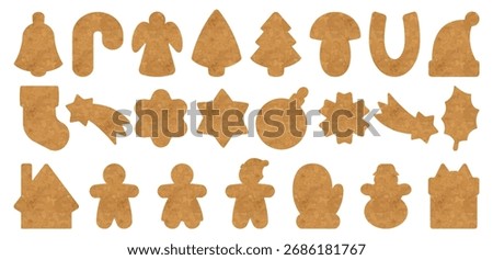Set of vector silhouettes of Christmas cookies. Gingerbread man, tree, star, snowman, holiday biscuit shapes, festive baking cutters, Xmas decorations	
