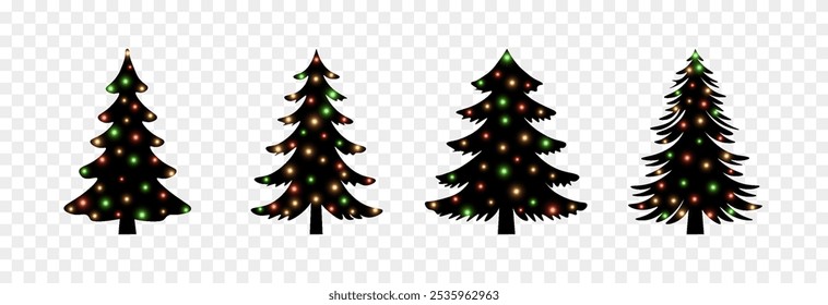 Conjunto de siluetas de Vector de árboles de Navidad PNG. Guirnalda de Navidad en abetos, textura superpuesta.