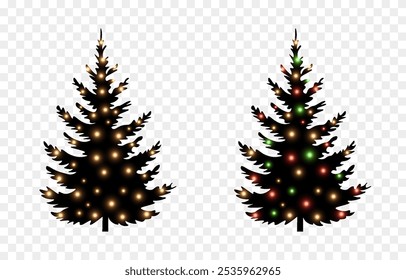 Conjunto de siluetas de Vector de árboles de Navidad PNG. Guirnalda de Navidad en abetos, textura superpuesta.