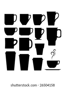 A set of vector silhouettes of coffee and beverage mugs and cups.