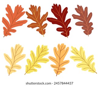 Set of vector silhouettes of colored oak leaves