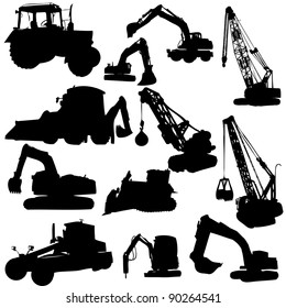 Set of vector silhouettes of  construction machine