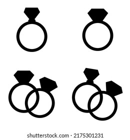 Set of vector silhouettes of cute engagement rings. 
Isolated ring silhouette on white background
