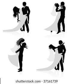 Set of vector silhouettes of dancing married couples.