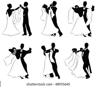 Set of vector silhouettes of dancing married couples.