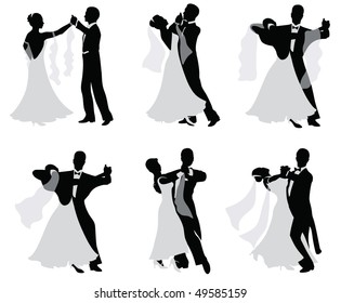 Set of vector silhouettes of dancing married couples.