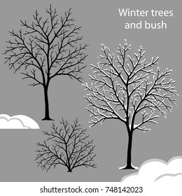 Set of vector silhouettes of deciduous trees and bush with snow.