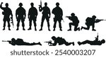 A set of vector silhouettes depicting soldiers in various combat stances and positions. These include standing, crouching, kneeling, and prone positions. Isolated vector