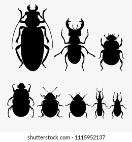 Set of vector silhouettes of different beetles. . Vector illustration isolated on white background