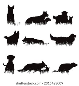 Set of vector silhouettes of different dogs on white background. Symbol of dog and pet.