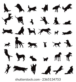 Set of vector silhouettes of different dogs on white background. Symbol of dog and pet.