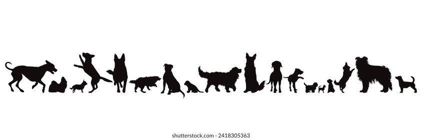 Set of vector silhouettes of different dogs in different positions on a white background. Dog and pet symbol.