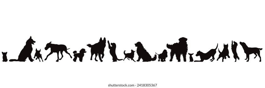 Set of vector silhouettes of different dogs in different positions on a white background. Dog and pet symbol.