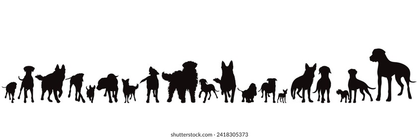 Conjunto de siluetas vectoriales de diferentes perros en diferentes posiciones sobre un fondo blanco. Símbolo de perro y mascota.