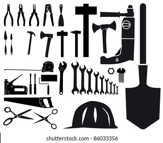 Set of vector silhouettes of different tools on white background