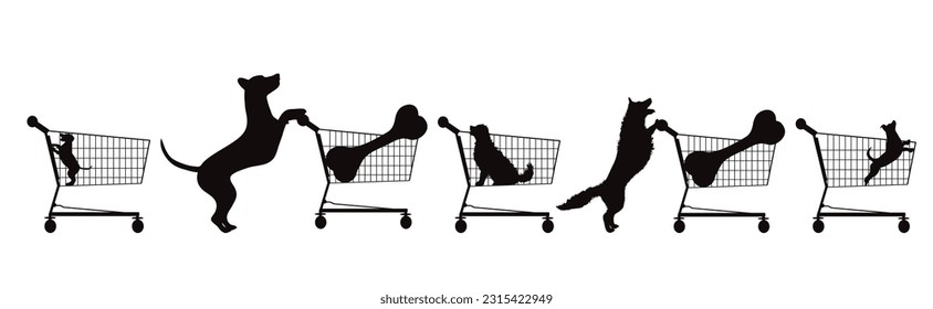 Set of vector silhouettes of dog with shopping cart on white background. Symbol of pet shop accessories and sale.
