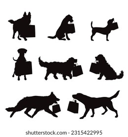 Set of vector silhouettes of dog with shopping bag on white background.