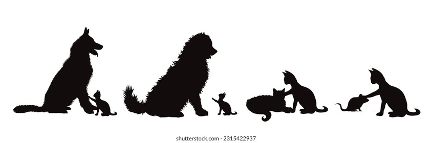 Set of vector silhouettes of dogs and cats on white background. Symbol of dog and pet.