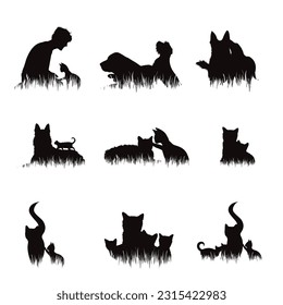 Conjunto de siluetas vectoriales de perros y gatos sobre fondo blanco. Símbolo de perro y mascota.