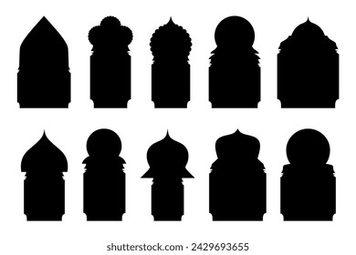 Set Vector Silhouettes of Doors Windows Arches Arabic White Background