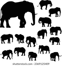 Set of vector silhouettes of elephants standing in different poses isolated on a background. Elephant icons