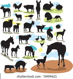 set vector silhouettes farm animals