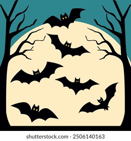 A set of vector silhouettes featuring flying bats for Halloween. Perfect for posters, invitations, party decorations, and web design. Fully editable and scalable for digital and print projects.