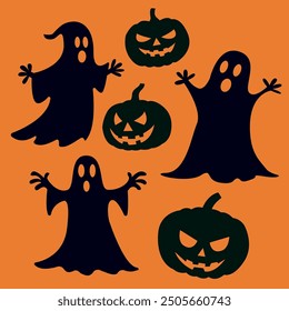 A set of vector silhouettes featuring Halloween-themed pumpkins and ghosts. Perfect for use in posters, invitations, web design, and party decorations. Editable and scalable for various projects.