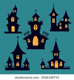 A set of vector silhouettes featuring haunted castles for Halloween. Perfect for posters, invitations, party decorations, and spooky web design. Fully editable and scalable for digital and print proje