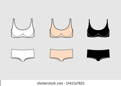 Set of vector silhouettes of female bras. Beautiful elements of women underwear. Sets of basic women's underwear. Bra and underpants. Vector illustration.