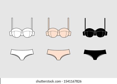 Set of vector silhouettes of female bras. Beautiful elements of women underwear. Sets of basic women's underwear. Bra and underpants. Vector illustration.