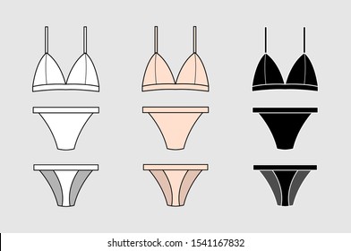Set of vector silhouettes of female bras. Beautiful elements of women underwear. Sets of basic women's underwear. Bra and underpants. Vector illustration.