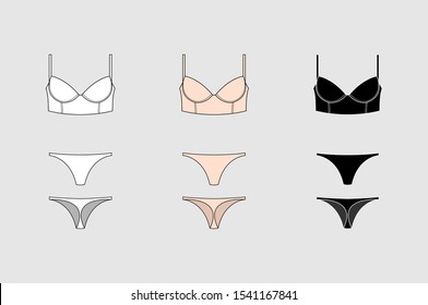 Set of vector silhouettes of female bras. Beautiful elements of women underwear. Sets of basic women's underwear. Bra and underpants. Vector illustration.