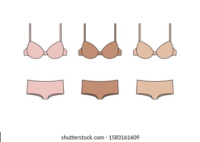 Set of vector silhouettes of female bras. Beautiful elements of women underwear. Sets of basic women's underwear. Bra and underpants. Vector illustration.