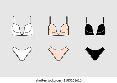 Set of vector silhouettes of female bras. Beautiful elements of women underwear. Sets of basic women's underwear. Bra and underpants. Vector illustration.