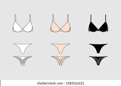 Set of vector silhouettes of female bras. Beautiful elements of women underwear. Sets of basic women's underwear. Bra and underpants. Vector illustration.