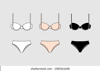Set of vector silhouettes of female bras. Beautiful elements of women underwear. Sets of basic women's underwear. Bra and underpants. Vector illustration.