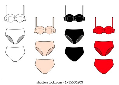 Set of vector silhouettes of female bras. Beautiful elements of women underwear. Sets of basic women's underwear. Bra and underpants. Vector illustration.