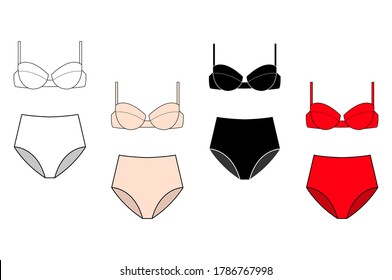 Set of vector silhouettes of female bras. Beautiful elements of women underwear. Sets of basic women's underwear. Bra and underpants. Vector illustration.