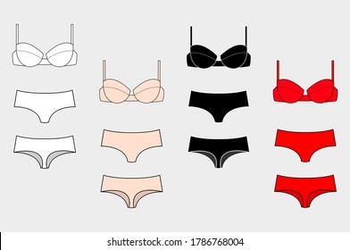 Set of vector silhouettes of female bras. Beautiful elements of women underwear. Sets of basic women's underwear. Bra and underpants. Vector illustration.