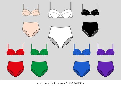 Set of vector silhouettes of female bras. Beautiful elements of women underwear. Sets of basic women's underwear. Bra and underpants. Vector illustration.