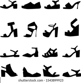 Set of vector silhouettes of female sandals of different shapes isolated on a white background. Black icons of women's shoes.